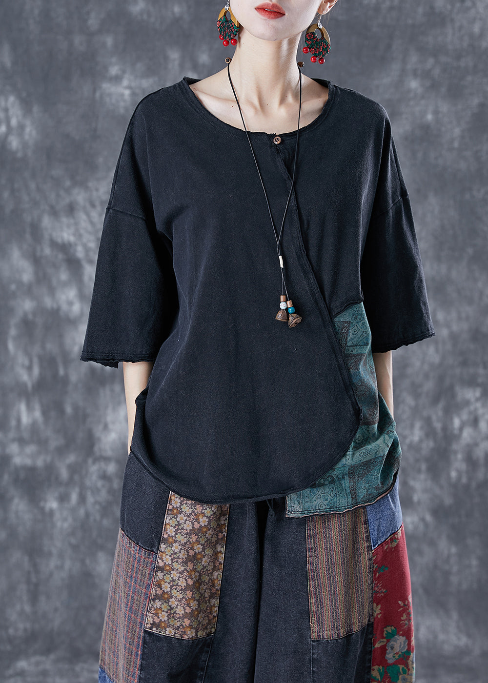 Black Asymmetrical Patchwork Cotton Tank Summer