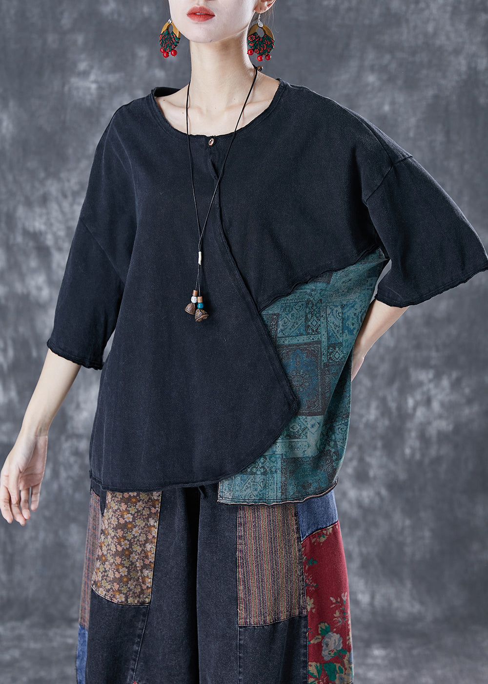 Black Asymmetrical Patchwork Cotton Tank Summer