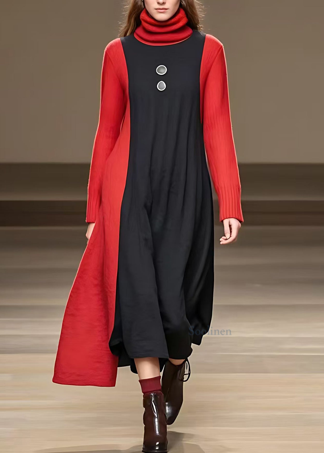 Black Asymmetrical Patchwork Party Maxi Dress Long Sleeve
