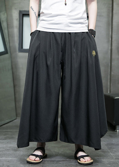 Black Asymmetrical Pockets Ice Silk Wide Leg Pants Summer