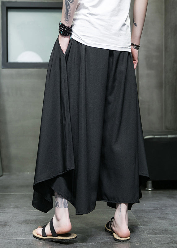 Black Asymmetrical Pockets Ice Silk Wide Leg Pants Summer
