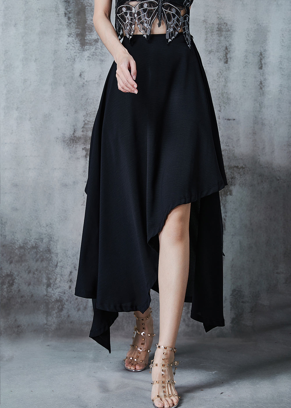 Black Asymmetrical Silm Fit Chiffon Skirt Summer