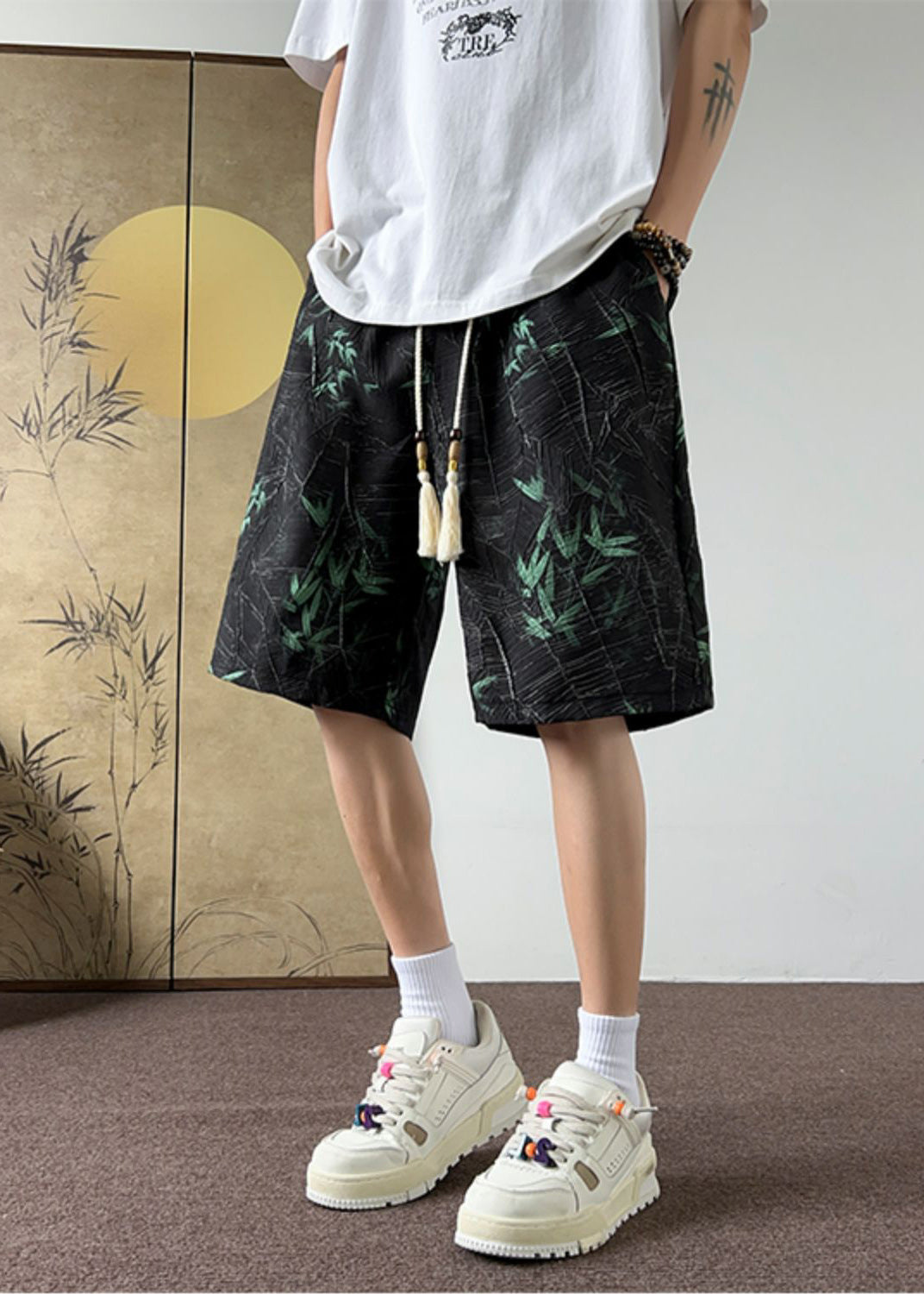 Black Bamboo Print Elastic Waist Cotton Beach Shorts Summer