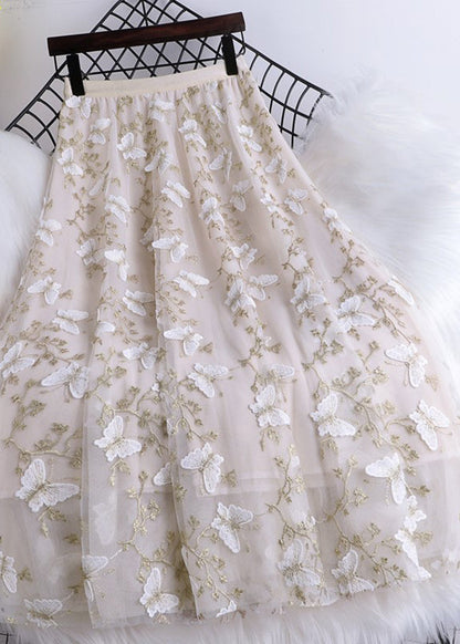Black Butterfly Embroideried Elastic Waist Tulle Maxi Skirts Summer