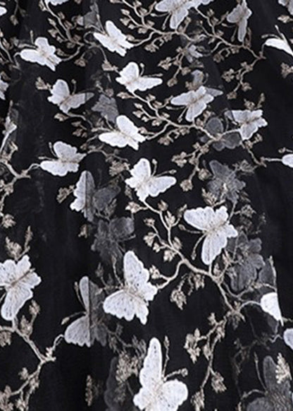 Black Butterfly Embroideried Elastic Waist Tulle Maxi Skirts Summer