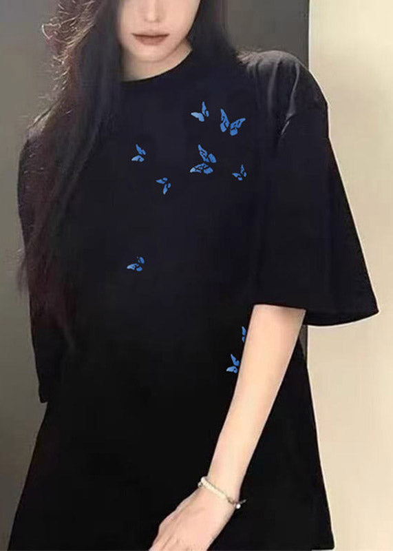 Black Butterfly Print T Shirt Summer