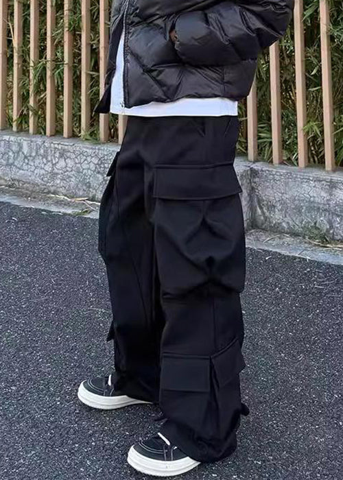 Black Button Pockets Cotton Pants High Waist Spring