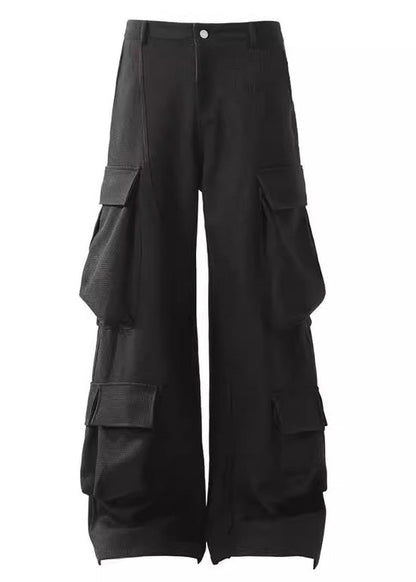 Black Button Pockets Cotton Pants High Waist Spring