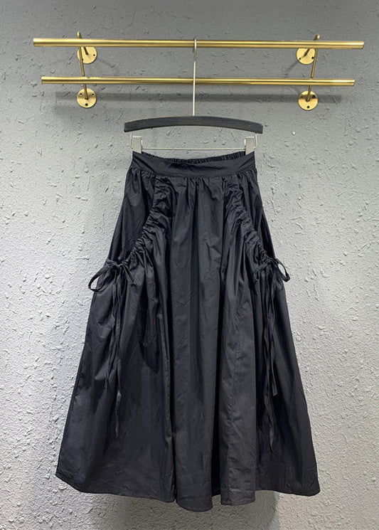 Black Cinched Pockets Elastic Waist Patchwork Cotton Skirt Fall