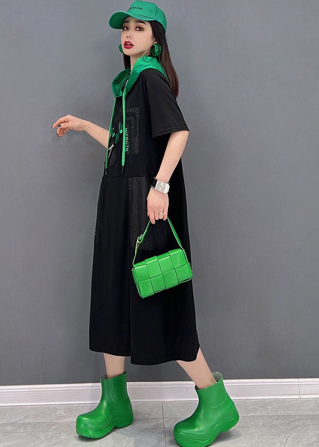 Black Colorblock Hooded Cotton Sweatshirts Dress Short Sleeve