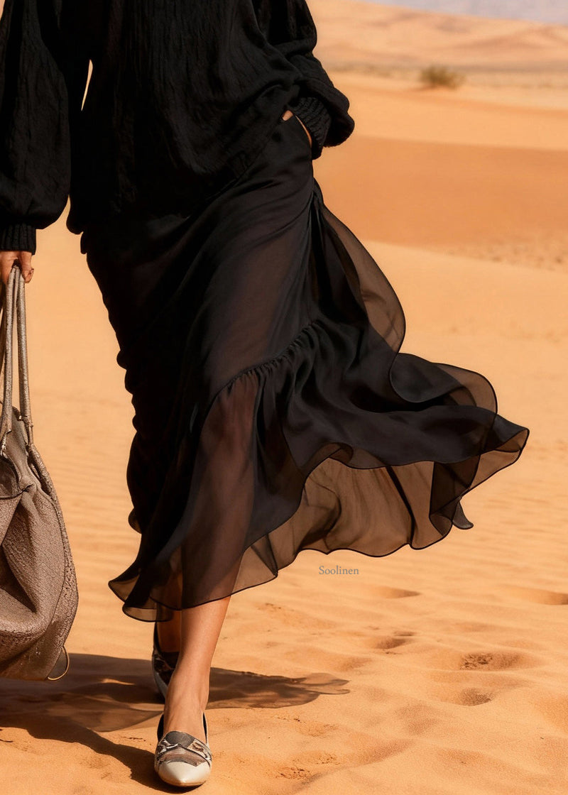 Black Cotton Knit Patchwork Chiffon Maxi Dresses Lantern Sleeve