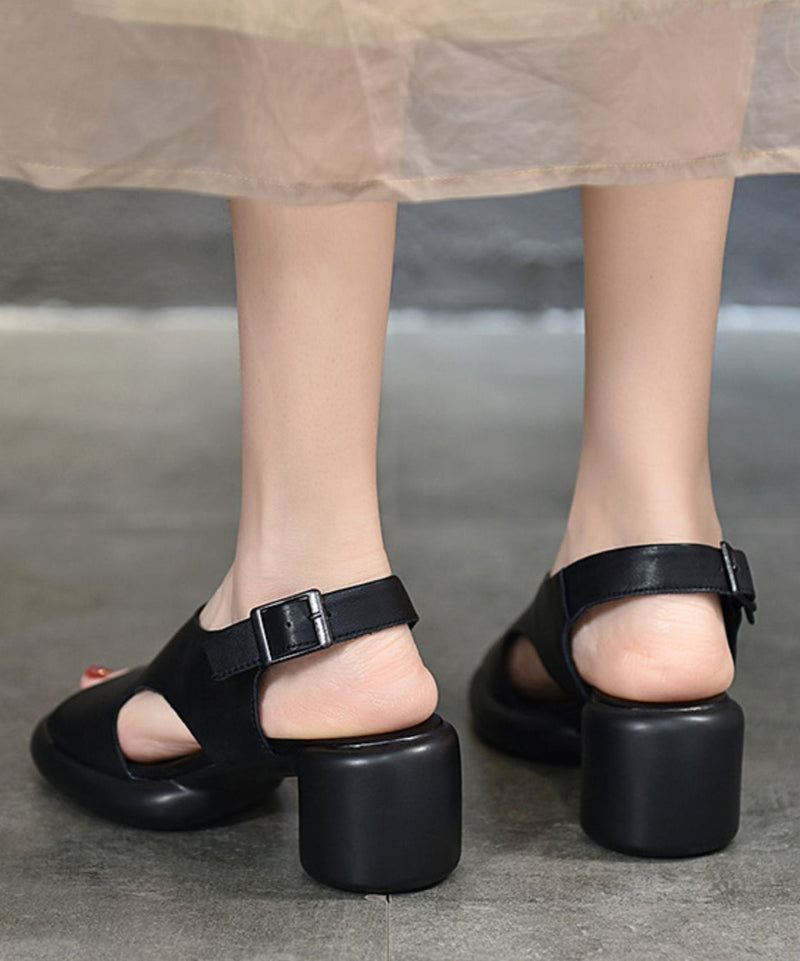 Black Cowhide Leather Buckle Strap Sandals