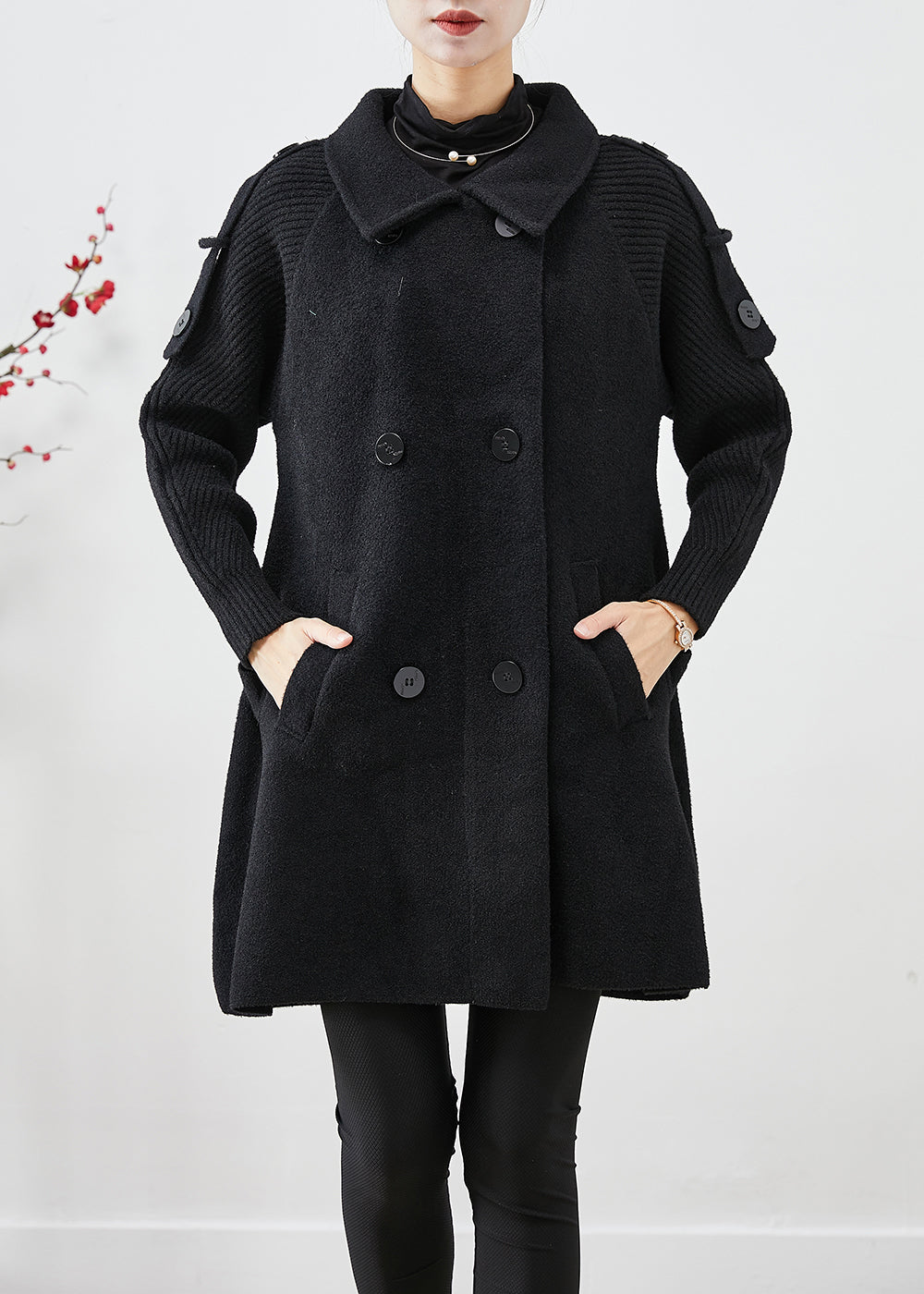 Black Double Breast Patchwork Woolen Trench Coats Fall