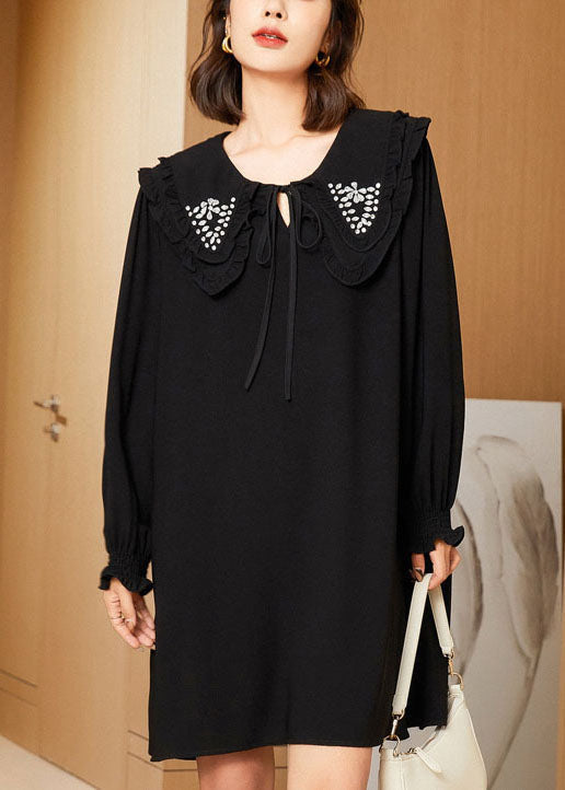 Black Double-layer Collar Lace Up Cotton Mid Dress Spring