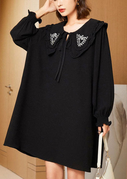 Black Double-layer Collar Lace Up Cotton Mid Dress Spring