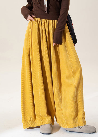 Black Elastic Waist Corduroy Wide Leg Pants Spring