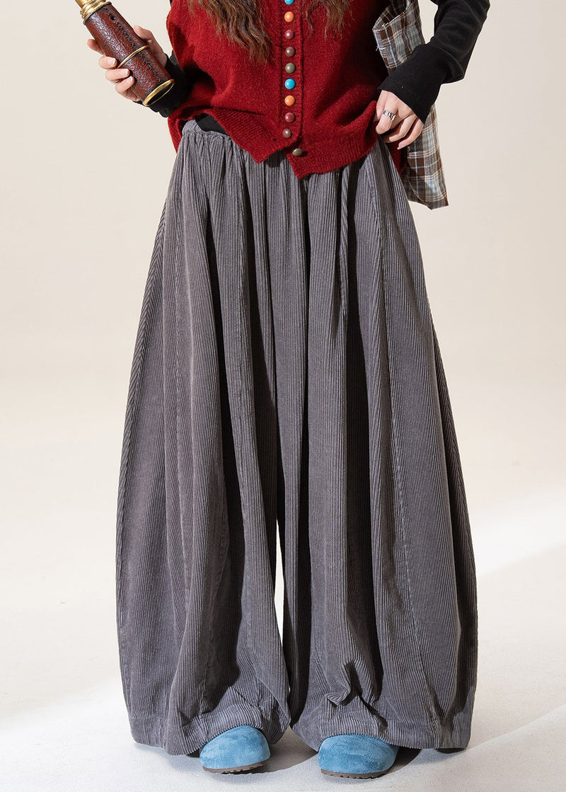 Black Elastic Waist Corduroy Wide Leg Pants Spring