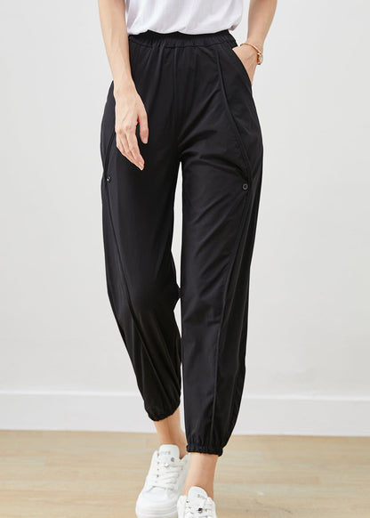 Black Elastic Waist Pockets Cotton Harem Pants Fall