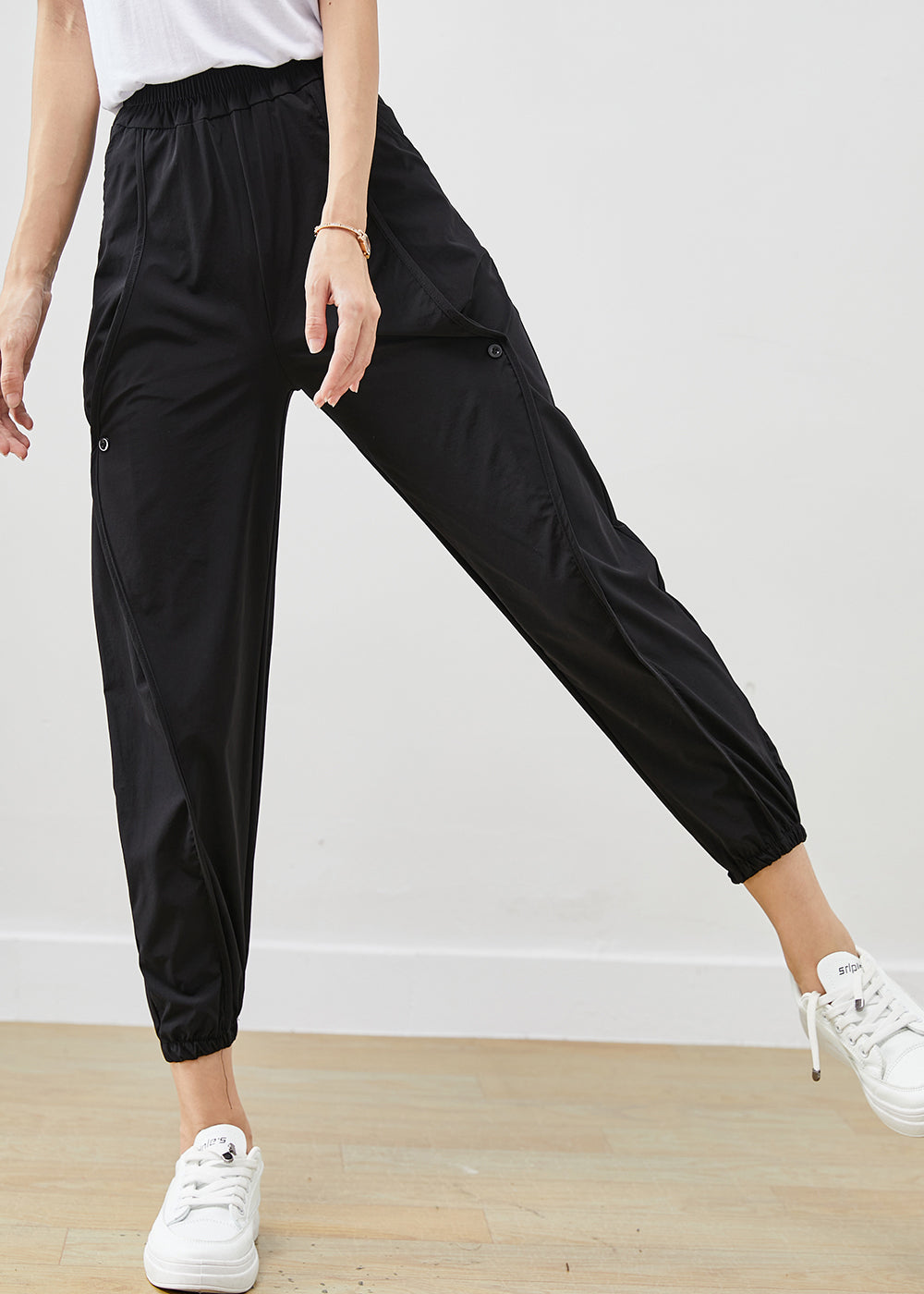 Black Elastic Waist Pockets Cotton Harem Pants Fall