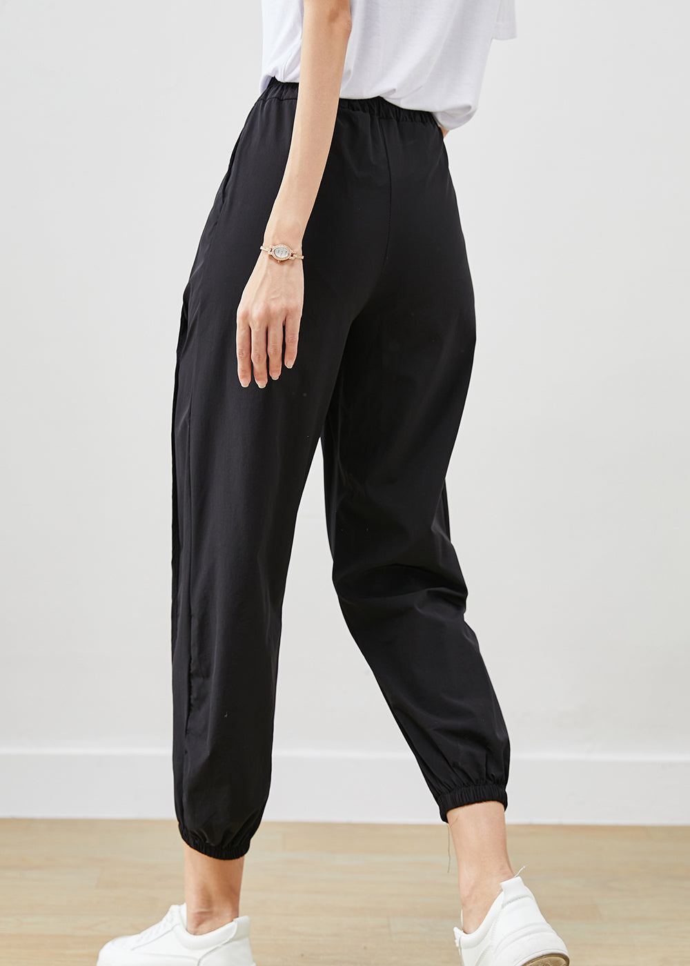 Black Elastic Waist Pockets Cotton Harem Pants Fall