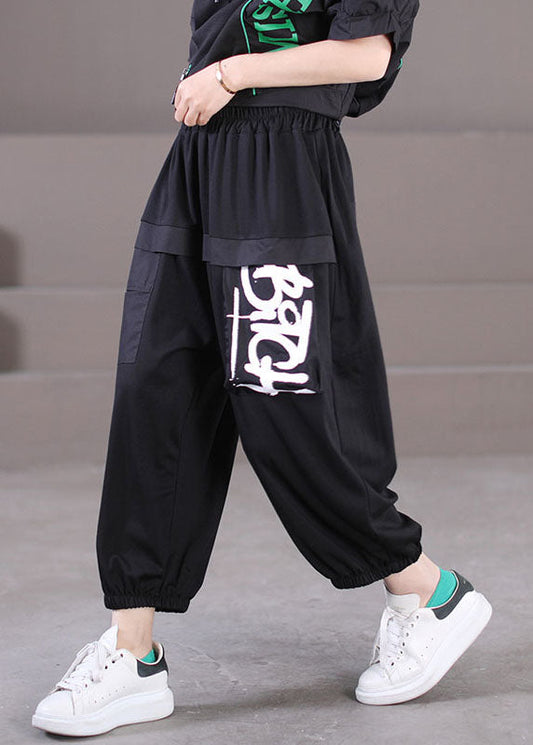 Black Elastic Waist Pockets Letter Print Cotton Crop Pants Summer