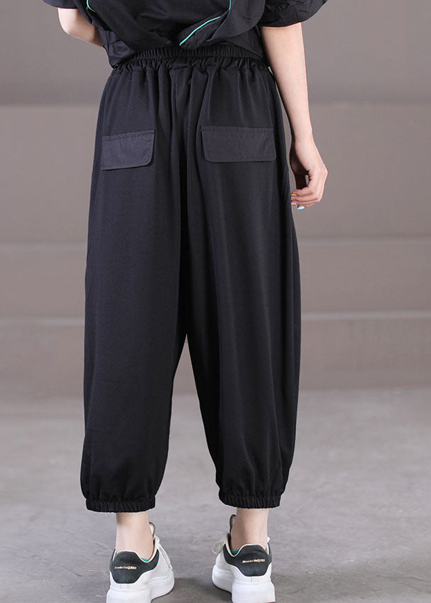 Black Elastic Waist Pockets Letter Print Cotton Crop Pants Summer