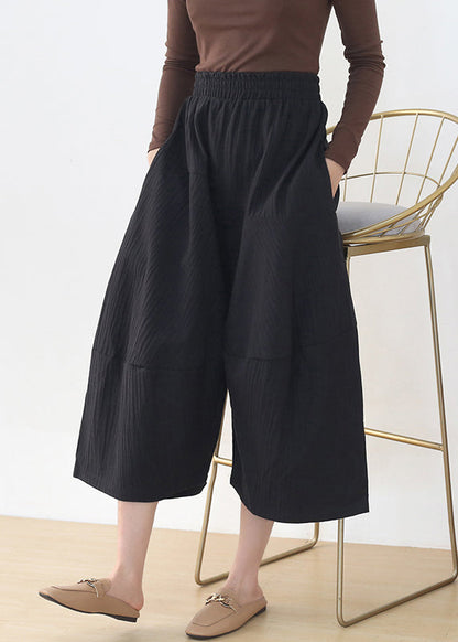 Black Elastic Waist Pockets Linen Wide Leg Pants Fall