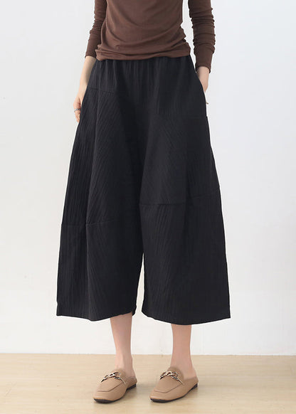 Black Elastic Waist Pockets Linen Wide Leg Pants Fall