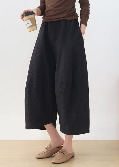 Black Elastic Waist Pockets Linen Wide Leg Pants Fall