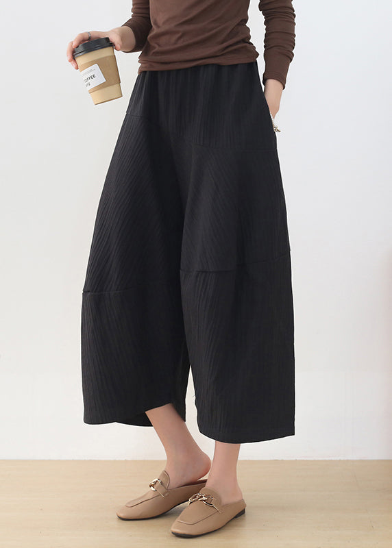 Black Elastic Waist Pockets Linen Wide Leg Pants Fall