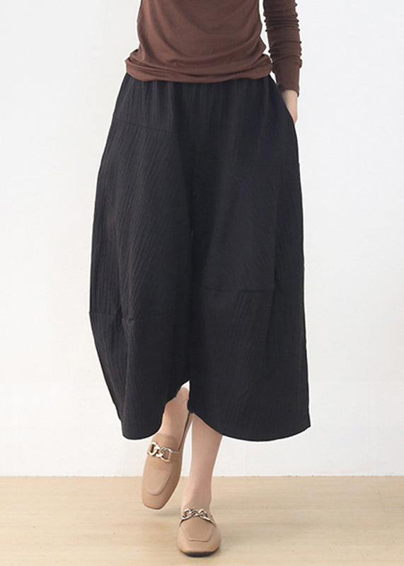 Black Elastic Waist Pockets Linen Wide Leg Pants Fall