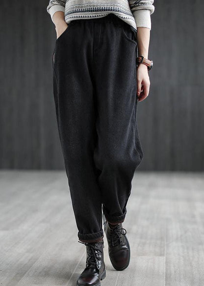 Black Elastic Waist Pockets Warm Fleece Denim Harem Pants Winter