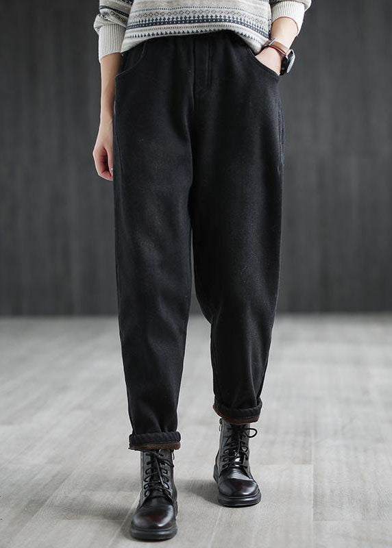 Black Elastic Waist Pockets Warm Fleece Denim Harem Pants Winter