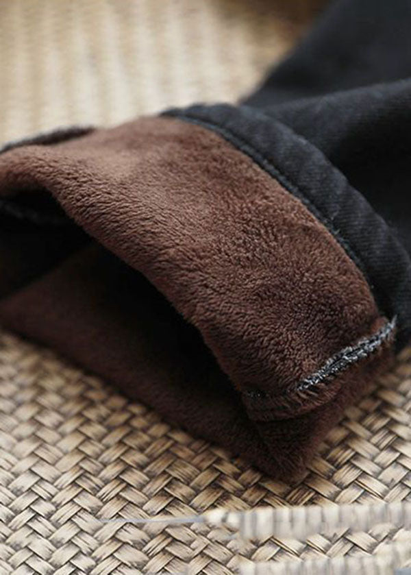 Black Elastic Waist Pockets Warm Fleece Denim Harem Pants Winter