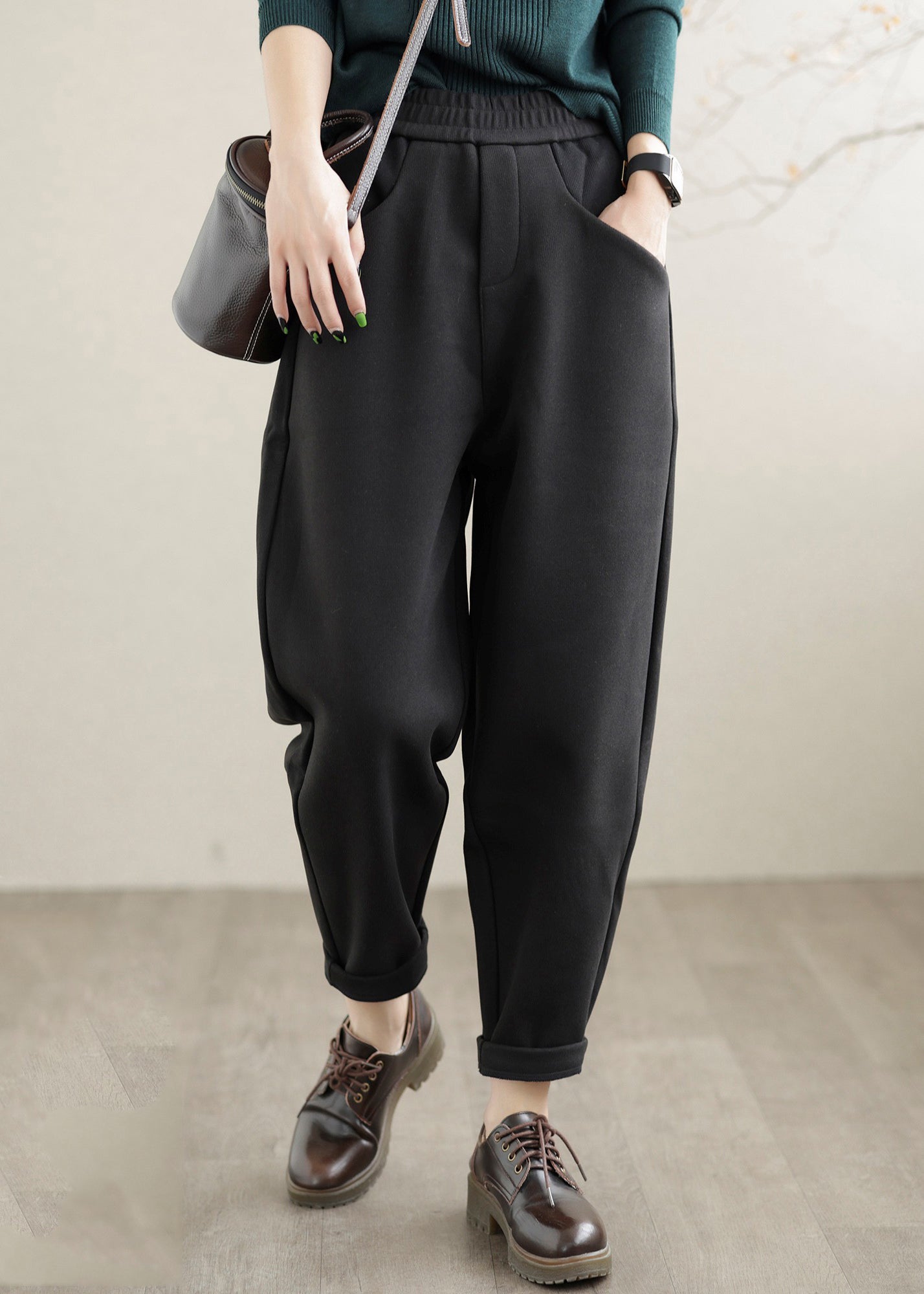 Black Elastic Waist Pockets Warm Fleece Harem Pants Winter