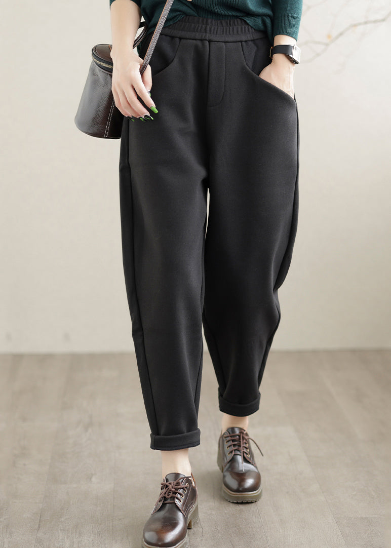 Black Elastic Waist Pockets Warm Fleece Harem Pants Winter