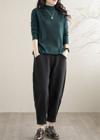 Black Elastic Waist Pockets Warm Fleece Harem Pants Winter