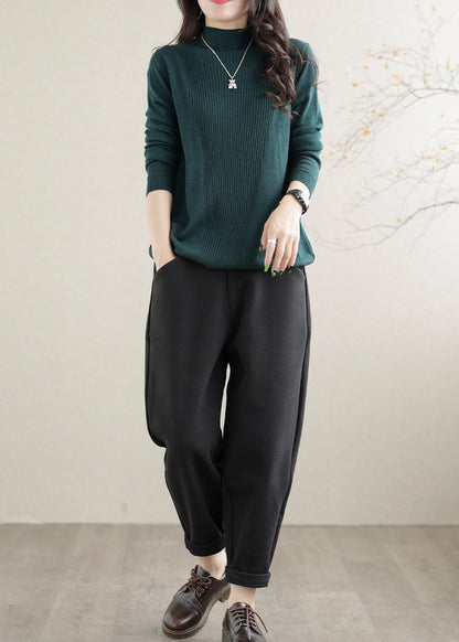 Black Elastic Waist Pockets Warm Fleece Harem Pants Winter