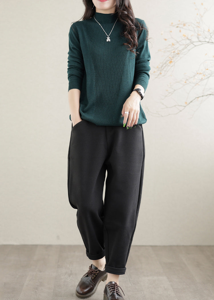 Black Elastic Waist Pockets Warm Fleece Harem Pants Winter