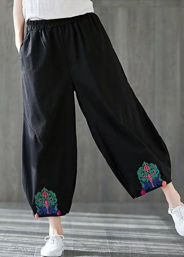 Black Embroidered Elastic Waist Cotton Harem Pants Summer