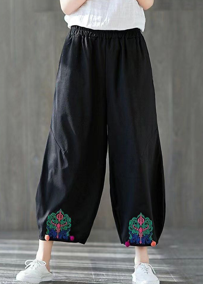 Black Embroidered Elastic Waist Cotton Harem Pants Summer