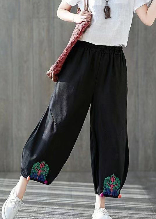 Black Embroidered Elastic Waist Cotton Harem Pants Summer