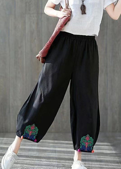 Black Embroidered Elastic Waist Cotton Harem Pants Summer