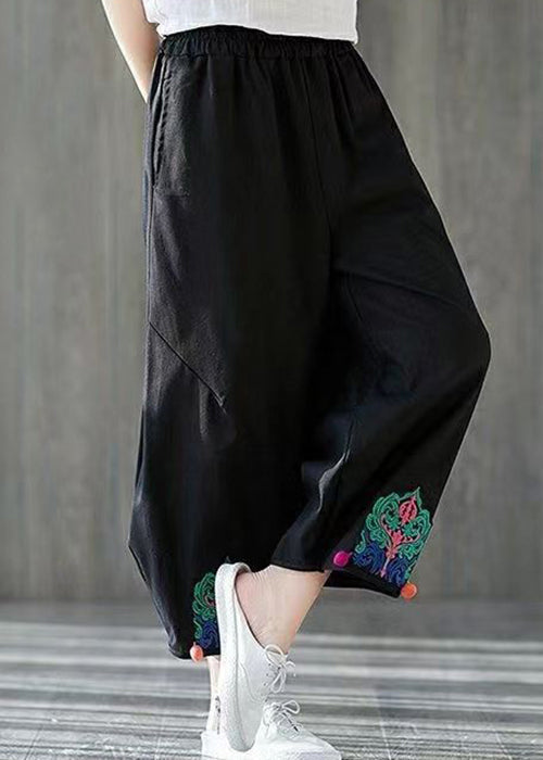 Black Embroidered Elastic Waist Cotton Harem Pants Summer