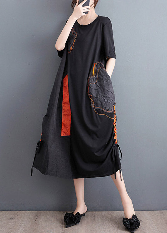 Black Embroideried Drawstring Long Dress Short Sleeve