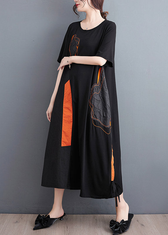 Black Embroideried Drawstring Long Dress Short Sleeve