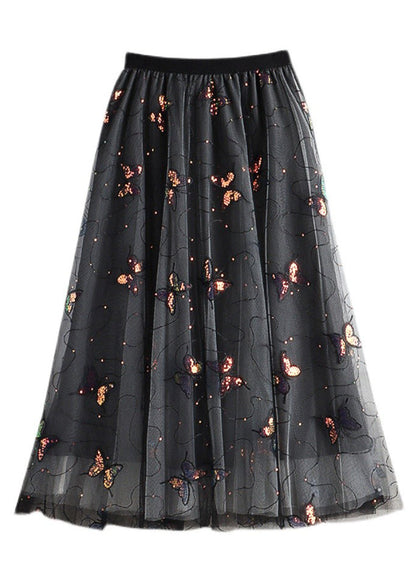 Black Embroideried Sequins Layered Tulle a Line Skirt Summer