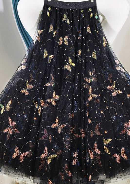 Black Embroidery Butterfly Sequins Tulle Summer Skirts