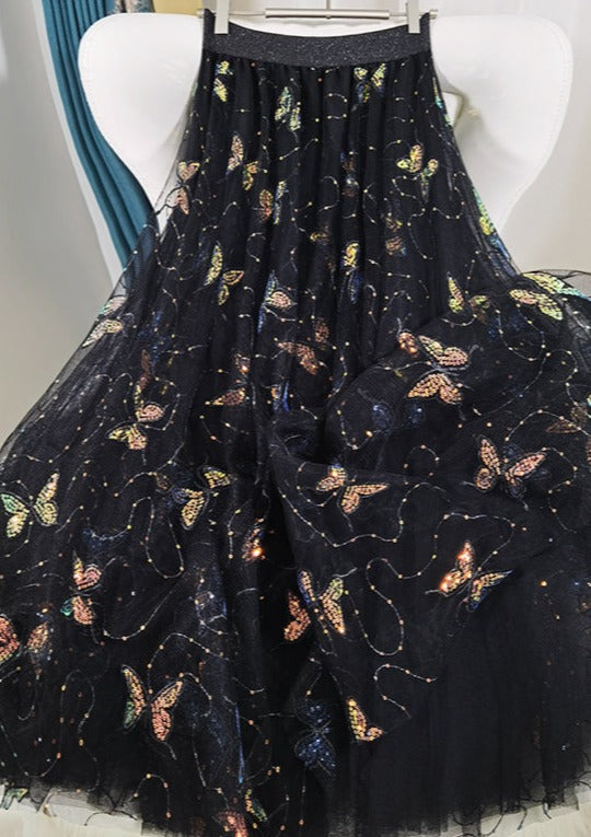 Black Embroidery Butterfly Sequins Tulle Summer Skirts