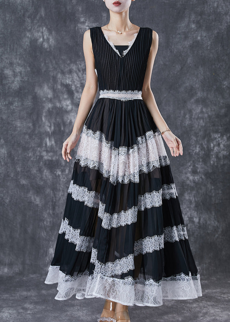 Black Exra Large Hem Patchwork Lace Linen Silk Pleated Dresses Sleeveless